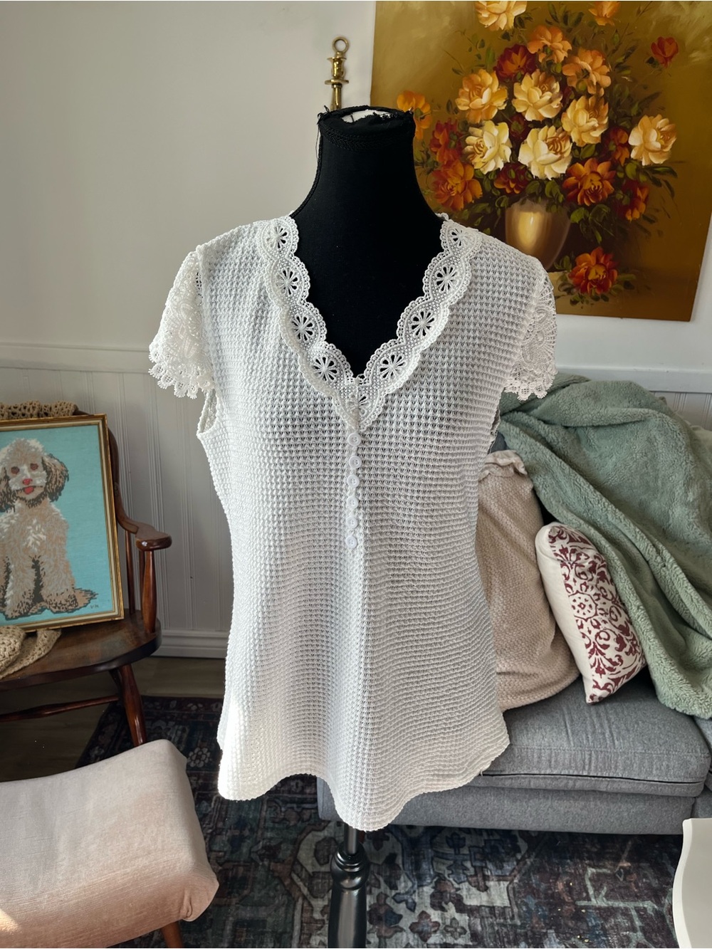 Women’s Vintage Lace Trim Top Size M fit